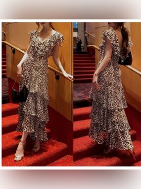 Wayf Animal Print Leopard Ruffle Tiered Maxi Dress NWT